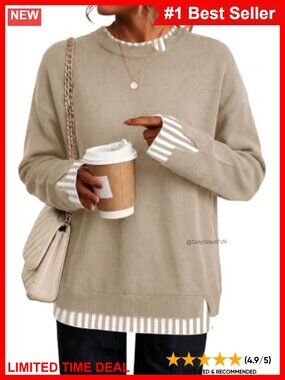 Womens Faux Layered Long Sleeve Crew Neck Pullover Sweater Loose Fit
